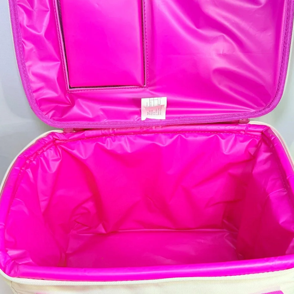 Pink and White Insulated Soft Cooler Bag with Cup Holders and Shoulder Strap